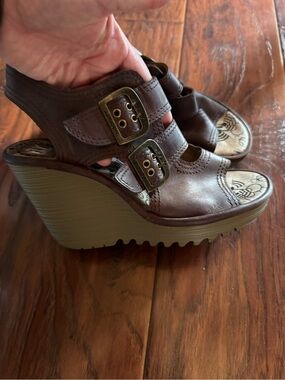 Fly London Brown Leather Double-Buckle Wedge Sandals